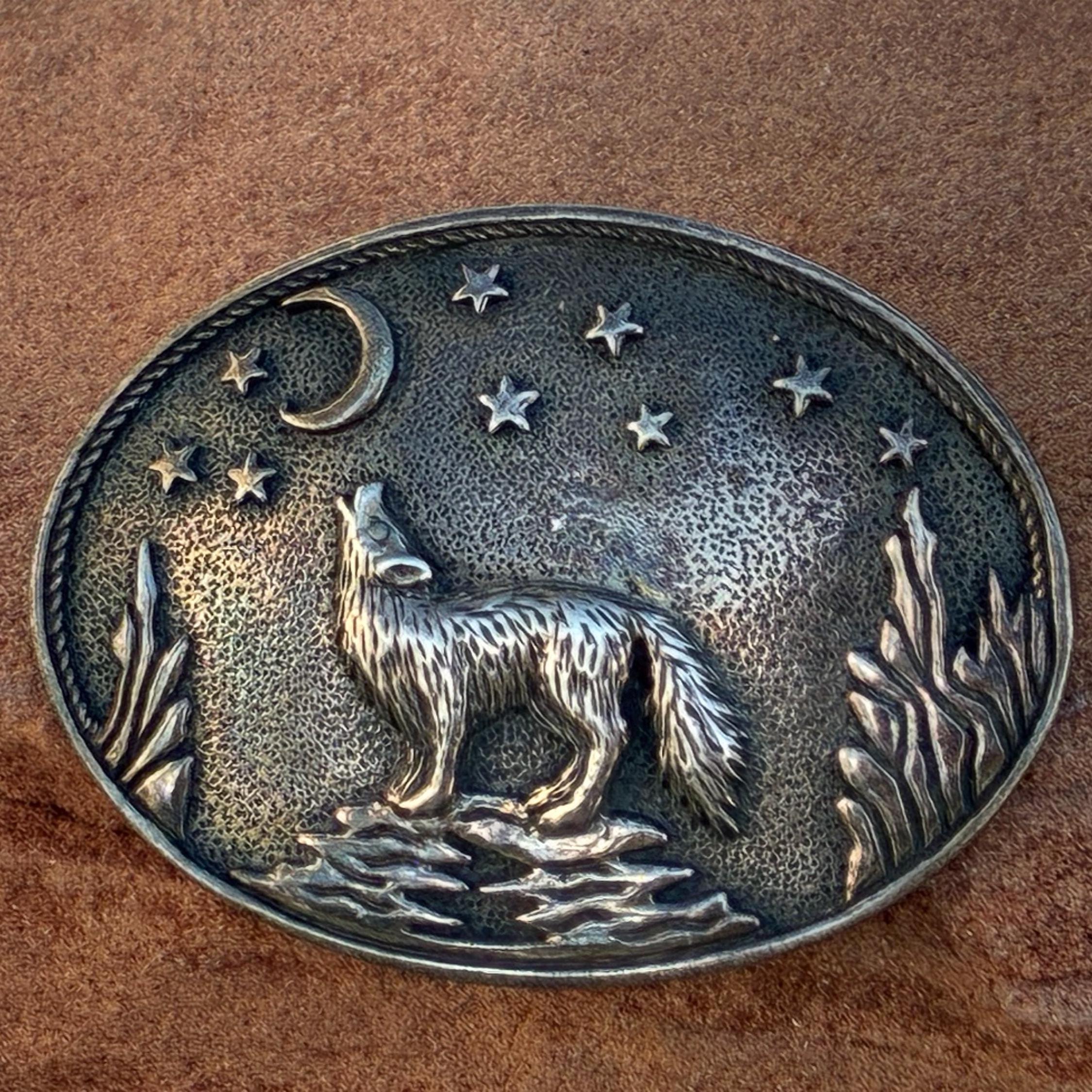 Vintage Peter Stone Sterling Silver Wolf Brooch – Howling at Moon 