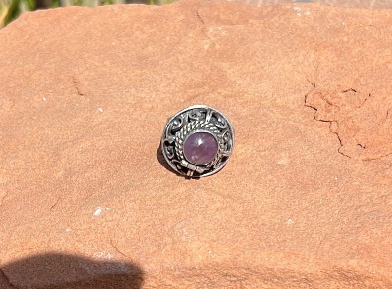 Vintage Mexico Sterling and Amethyst Adjustable Poison Ring with Secret Hinged Compartment c. 1950's image 8