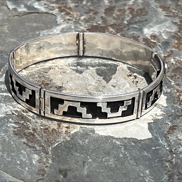 Vintage Mexico Sterling Silver and Oxidized Black Wide Link Bracelet