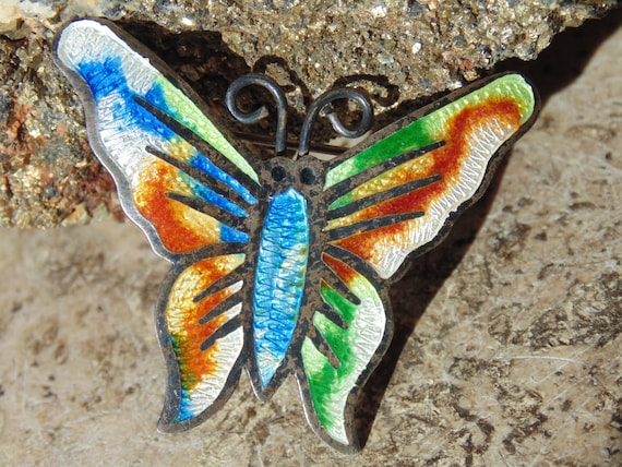 Fuentes ~ Vintage Sterling Silver and Enamel Colorful Butterfly Pin / Brooch