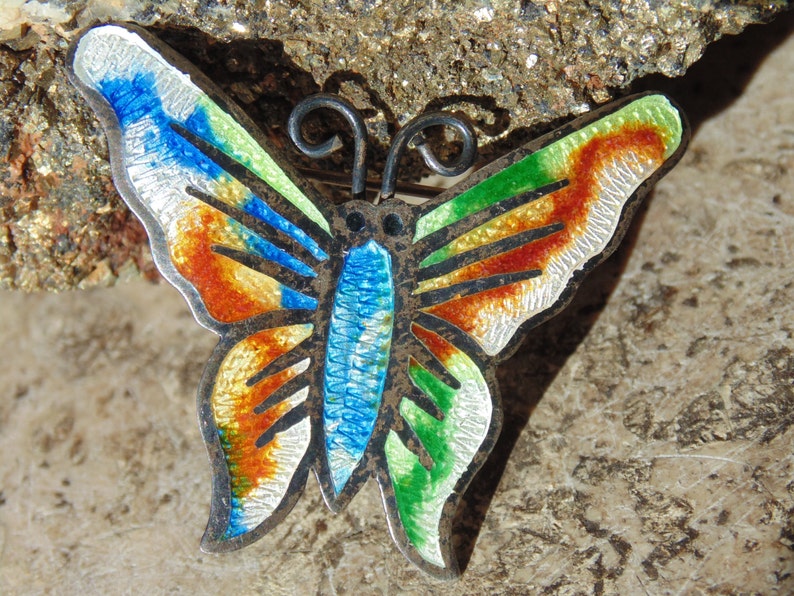 May include: A silver butterfly brooch with colorful enamel detailing. The butterfly has green, blue, orange, and white enamel on its wings.