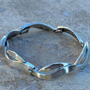 May include: A silver-toned bracelet with a series of interconnected, curved links. The links have a brushed metal finish and a flowing, organic shape. The bracelet is secured with a clasp.