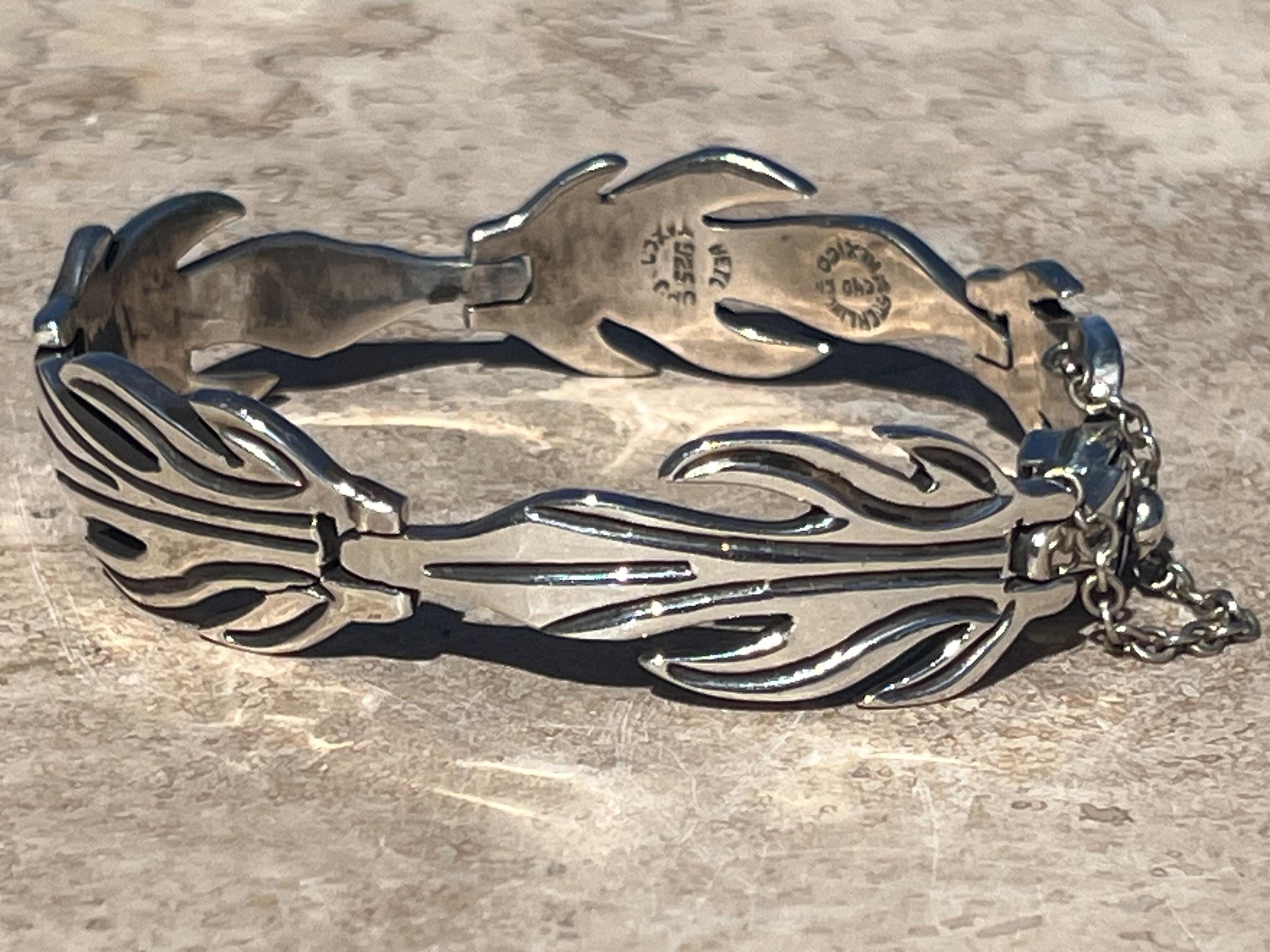 Beto ~ Vintage Mexico Sterling Silver Heavy Flame Link Bracelet C