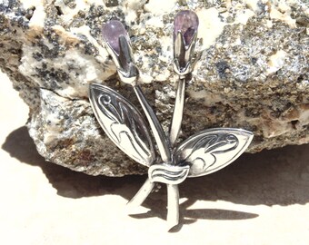 Serafin Moctezuma Taxco Sterling Silver and Amethyst Floral Brooch