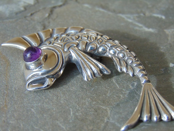 Vintage Mexican Silver Fish with Purple Amethyst … - image 7