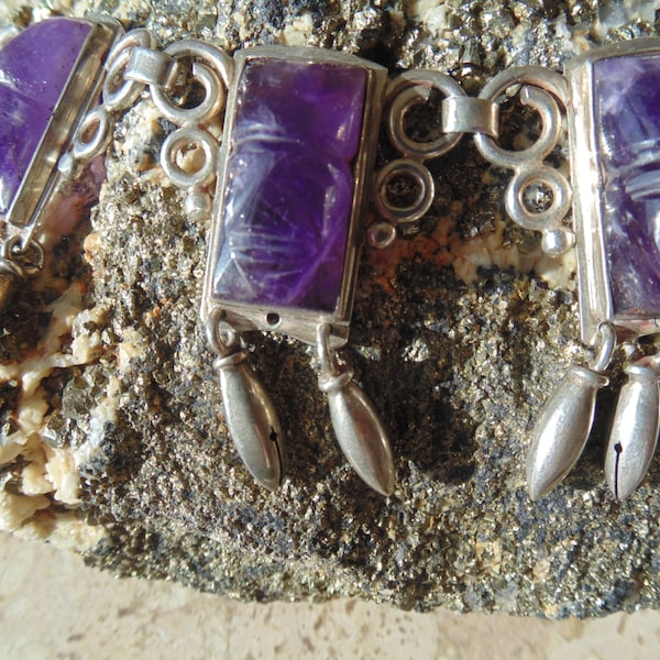 Fred Davis Signed ~ Silver Necklace with Hand Carved Amethyst Faces and Bells that Jingle