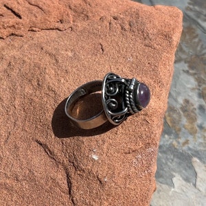Vintage Mexico Sterling and Amethyst Adjustable Poison Ring with Secret Hinged Compartment c. 1950's image 5