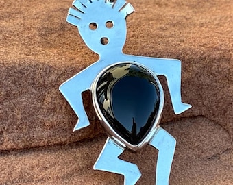 Vintage Sterling Silver Kachina Dancer Brooch: Black Onyx Accent