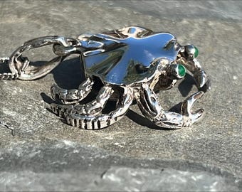 Vintage Sterling Silver Crab with Green Eyes Pendant on 18 Inch Sterling Chain