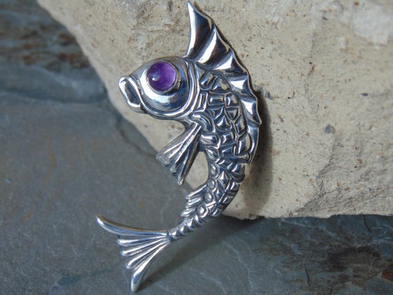Vintage Mexican Silver Fish with Purple Amethyst … - image 1