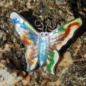May include: A silver butterfly brooch with colorful enamel detailing. The butterfly has blue, green, white, and orange enamel accents.