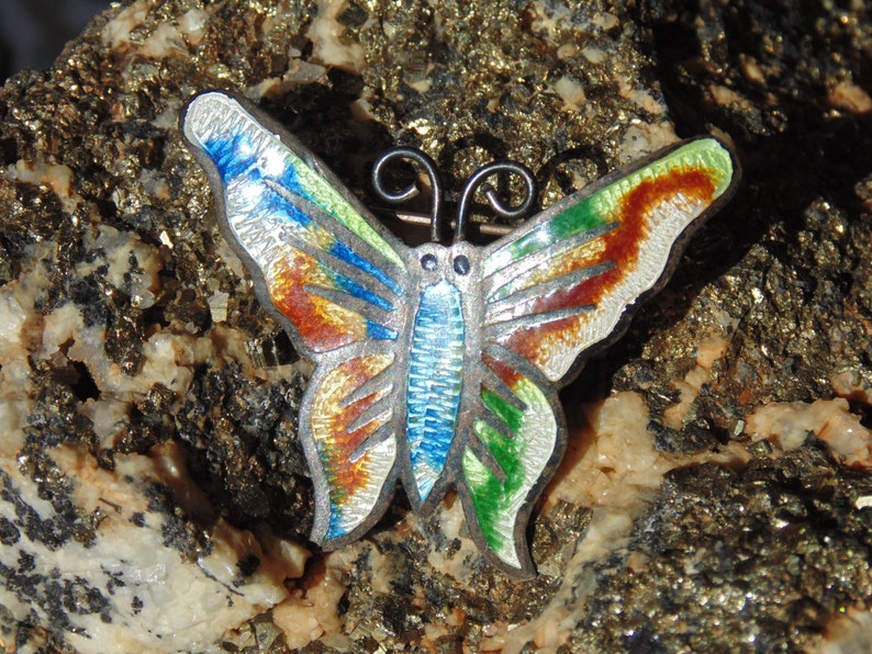 May include: A silver butterfly brooch with colorful enamel detailing. The butterfly has blue, green, white, and orange enamel accents.