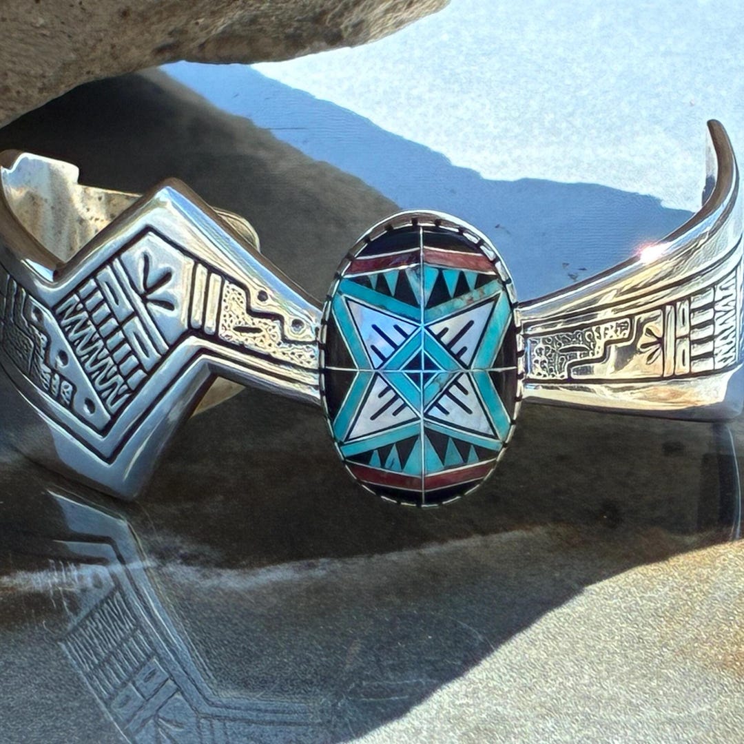 Roderick and Marilyn Tenorio Vintage Kewa Sterling Inlay Wide Cuff