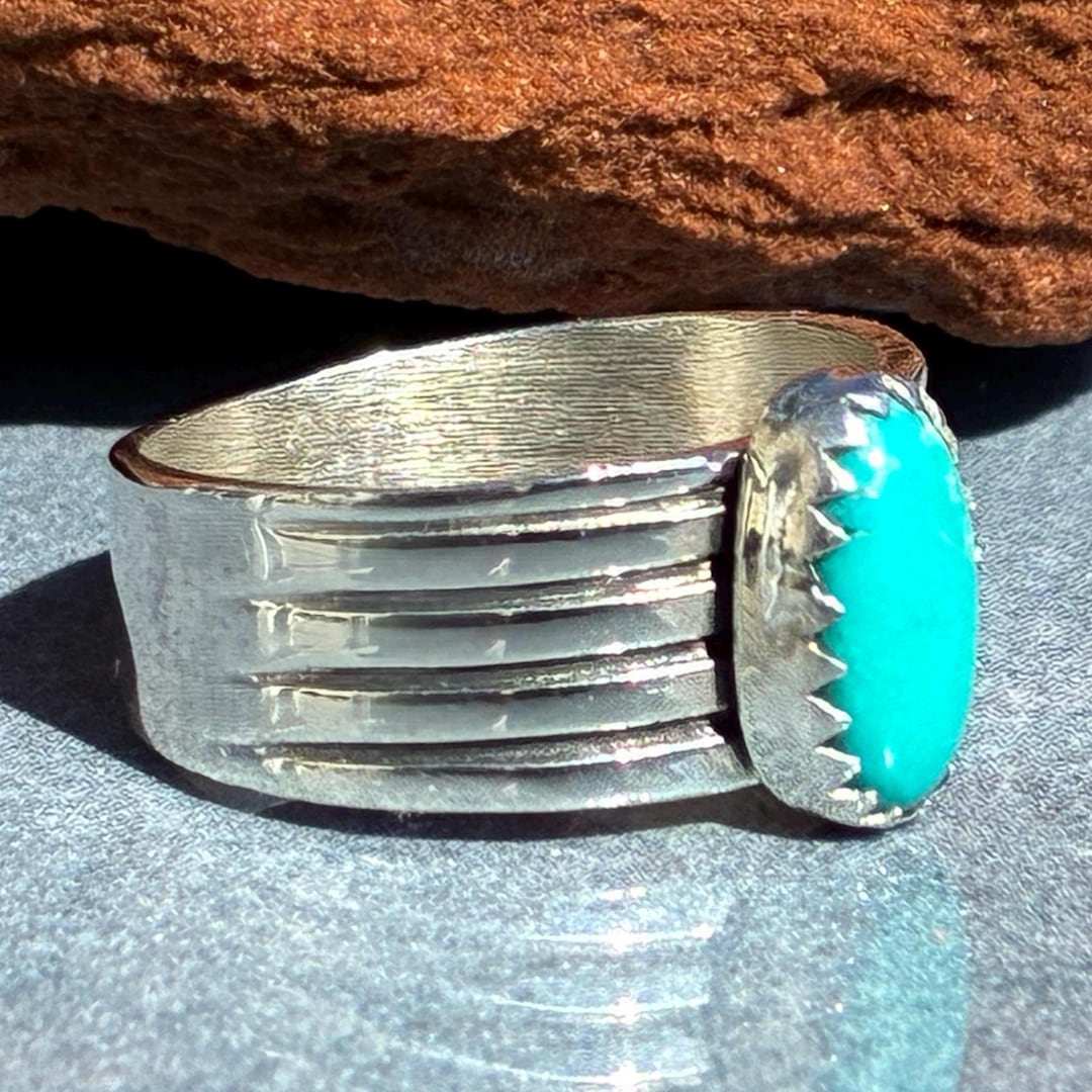 Vintage Southwest Sterling and Turquoise Wide Band Ring Size 6.5 - Etsy