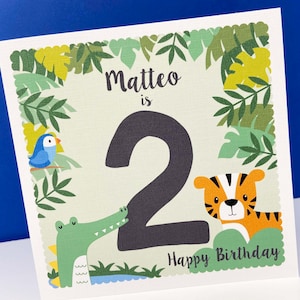 Personalised 2nd Birthday Card for a Boy or Girl, Second Birthday Card, Jungle Card with Tiger, Crocodile, Bird, 2nd Birthday Card for Child