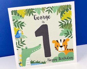 Personalised 1st Birthday Card for a Boy or Girl, First Birthday Card, Jungle Card with Tiger, Crocodile, Bird, 1st Birthday Card for Child