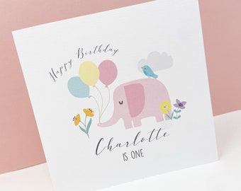 Personalised Girls 1st Birthday Card, Personalised Birthday Card, Girls 1st Birthday Card, Elephant 1st Birthday Card, Elephant Card