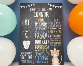 1st Birthday Chalkboard with Cat, Boys First Birthday Party prop, Birthday Party Decoration, Birthday Poster, 1st Birthday Keepsake