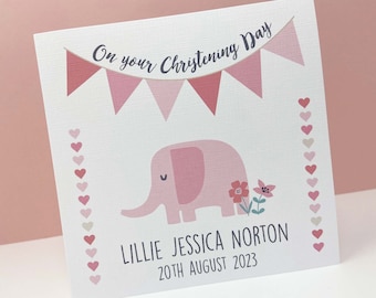 Personalised Christening Card for a girl, Christening Card, Elephant Card, Custom Card for a Child, Bespoke Ceremony Card, Christening Gift