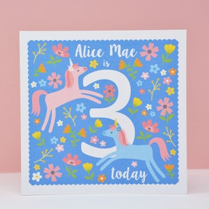 3rd Birthday Card, Unicorn 3rd Birthday Card, Personalised age 3 Card, Third Birthday Card for a Girl, 3rd Birthday Card for a Child