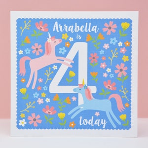 4th Birthday Card, Unicorn 4th  Birthday Card, Personalised age 4 Card, Fourth Birthday Card for a Girl, 4th Birthday Card for a Child