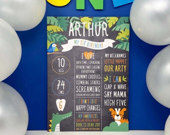 1st Birthday Chalkboard party prop, Personalised First Birthday decoration board, Jungle theme 1st Birthday sign, Birthday keepsake poster