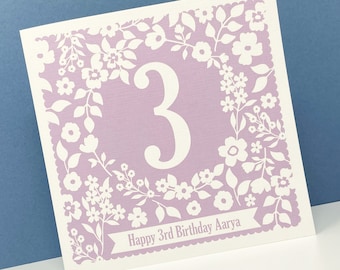 3rd Birthday Card, Personalised 3rd Birthday Card, Third Birthday Card, Girls 3rd Birthday Card, Pretty floral Card, 5 colours available