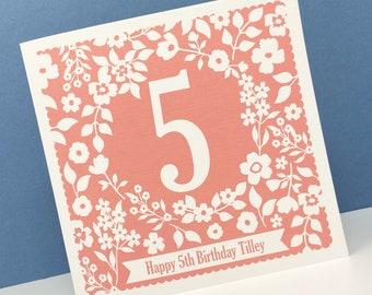 5th Birthday Card, Personalised 5th Birthday Card, Fifth Birthday Card, Girls 5th Birthday Card, Pretty floral Card, 5 colours available