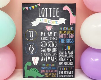 1st Birthday Chalkboard Sign, Dinosaur Theme Party Decoration, Photo Prop, Pink Dinosaur Birthday, Girls Birthday Poster, Sign, Banner