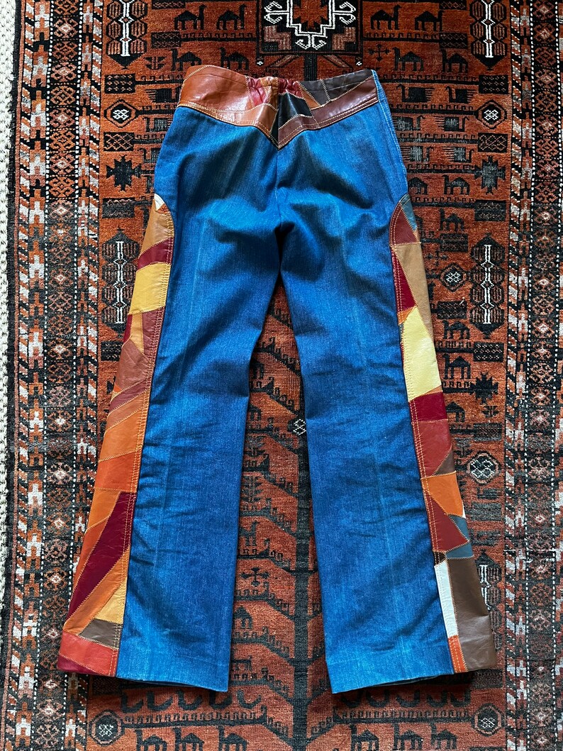 70s Patchwork Denim Look Deluxe Mens Blue Flares