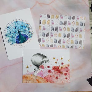 Cartes postales Paon Chats Fillette et Coquelicots, format A6
