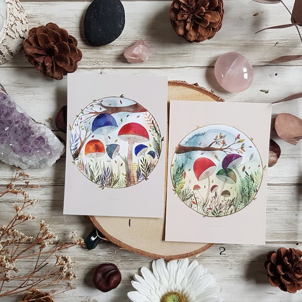 Cartes postales aquarelle champignon automne format A6