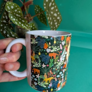 Illustrated mug, tea cup, jungle pattern.