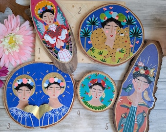 Peinture acrylique inspiration Frida Kahlo, sur bois
