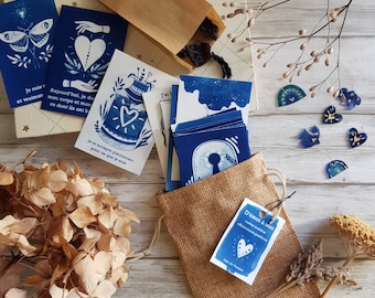 mantra cards oracle, positive affirmations, 18 cards. cyanotype