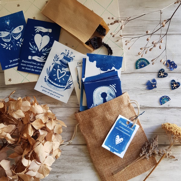 Cartes mantras oracle, affirmations positives, 18 cartes. cyanotype