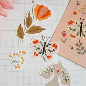 Stickers Printemps fleurs oiseau papillon - pack de 4