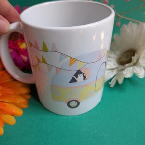 Illustrated mug, tea cup, cats caravans car vacation