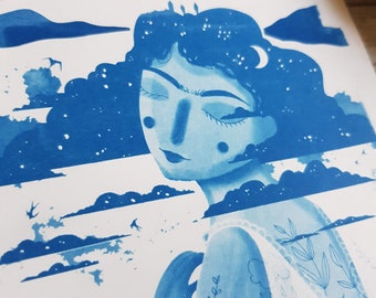 Cyanotype femme nuage, bleu  15x15cm