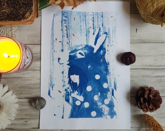 Cyanotype Peau d'âne forêt, sur papier, bleu et or, format A4