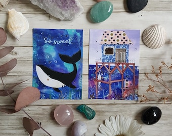 Whale ocean hut on stilts postcards A6 size