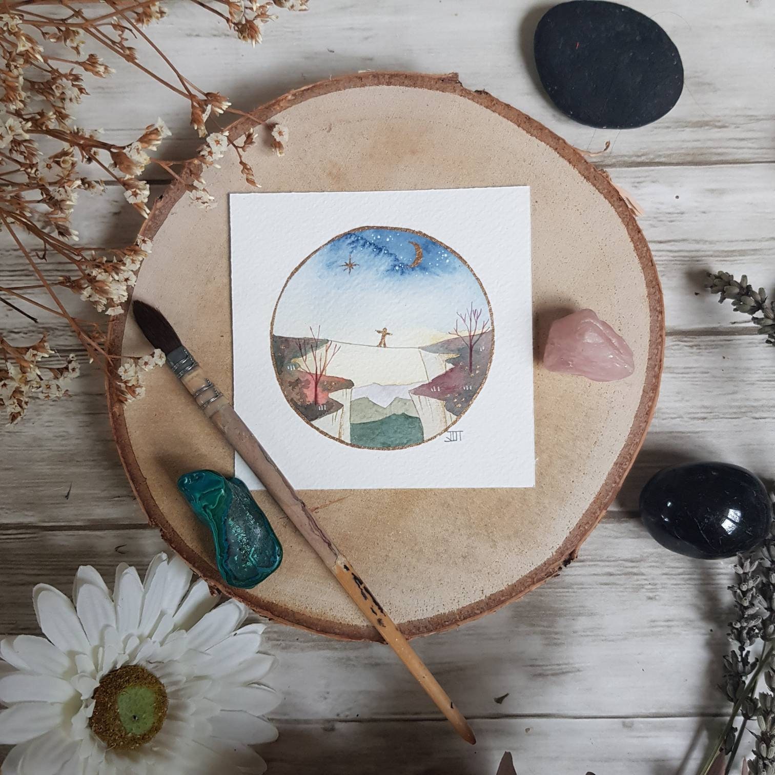 Inktober #31 Illustration Encre, Aquarelle et Dorure Funambule sur Papier 10x10cm