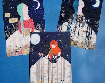 Postcard woman night forest A6