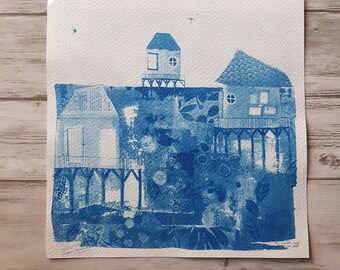 Cyanotype Cabanes tchanquées pilotis 20x20cm