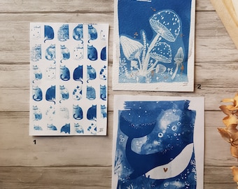 Cyanotypes baleine chat champignons bleu et or A6, 13x13cm