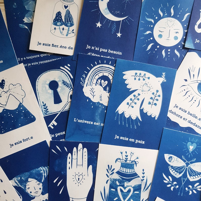 Cartes mantras oracle, affirmations positives, 18 cartes. cyanotype image 7