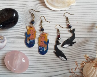 Earrings Mermaid and whale illustrated by hand, retractable plastic