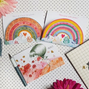 Cartes postales doubles merci maitresse atsem nounou, arc-en-ciel petite fille coquelicot, aquarelle, format A6