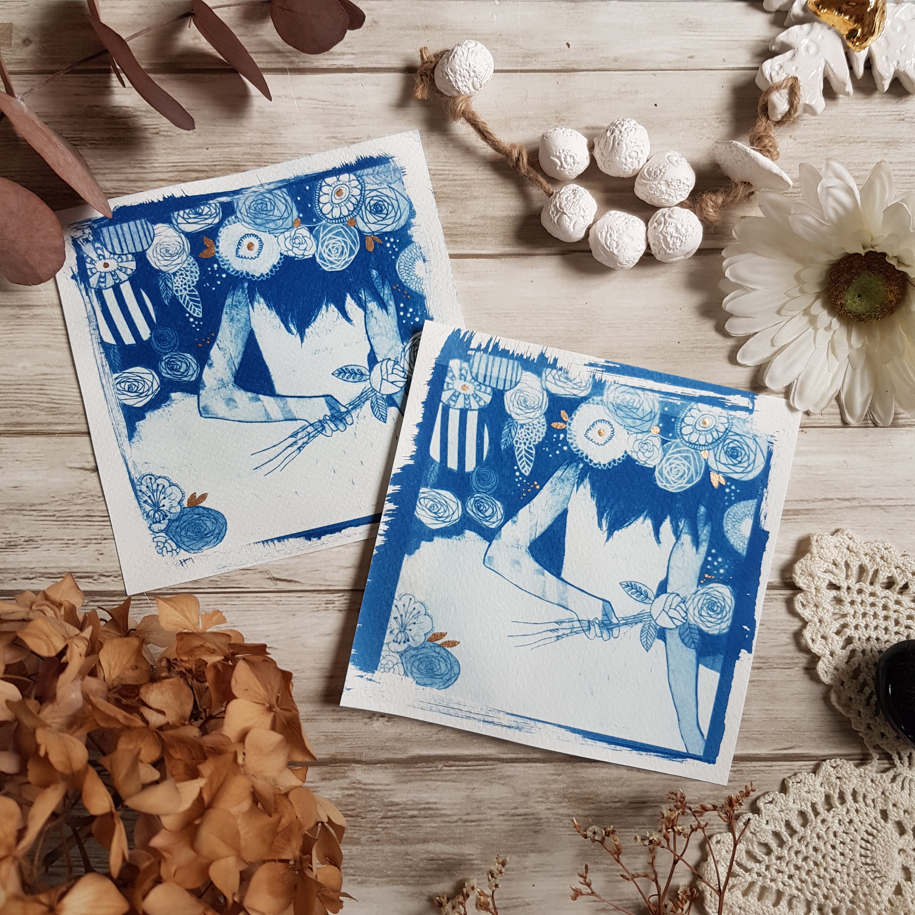 Cyanotype Danseuse et Fleurs 15x15cm