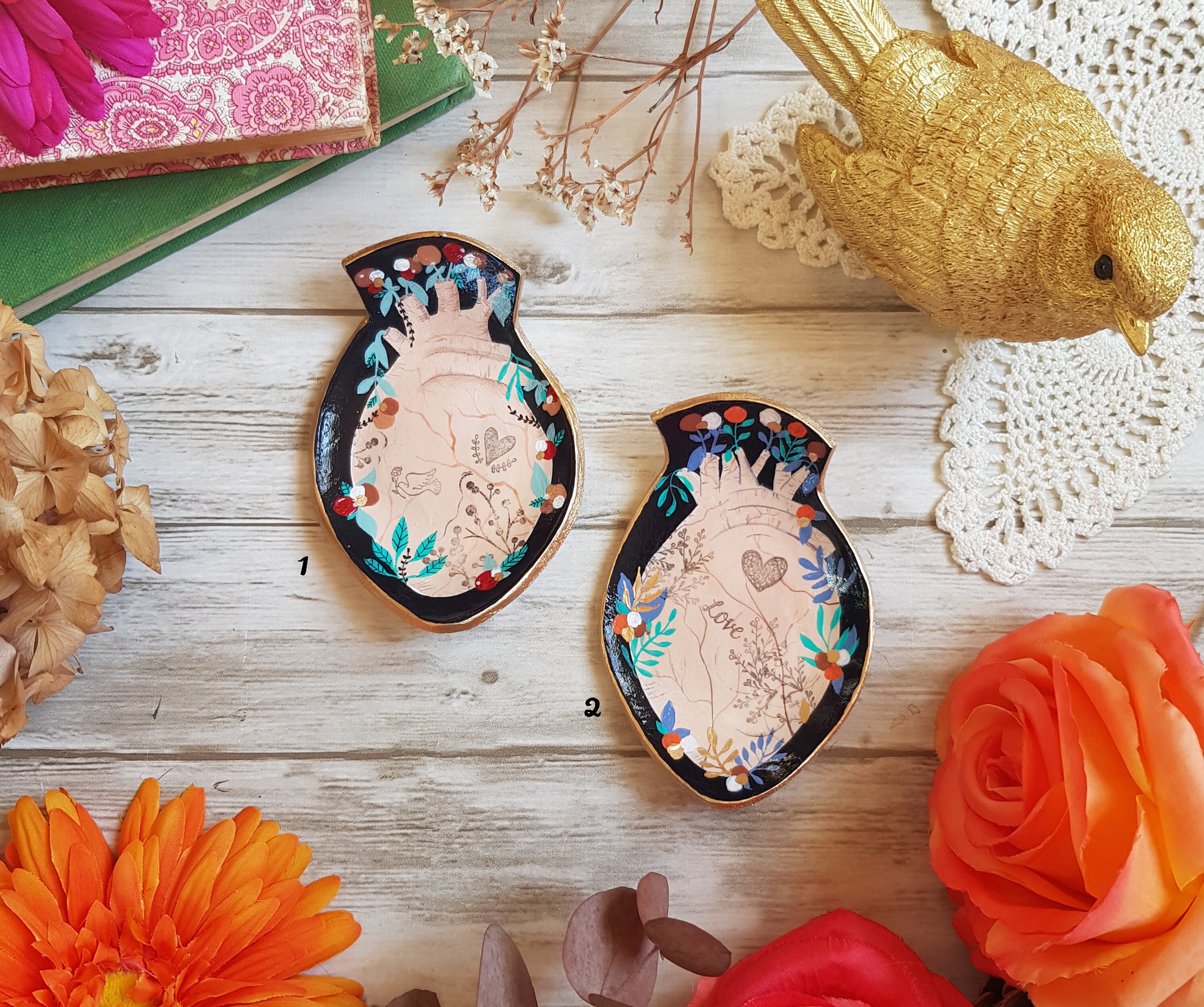 Coupelles Coeur Anatomie Vide-Poche Porte-Bijoux, Pâte Polymère Peinte à La Main